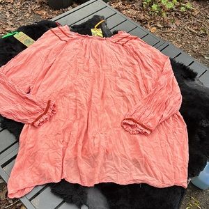 New Directions Orange Gauze Long Sleeves Boho Tie at Neck Blouse Plus Elastic 5X